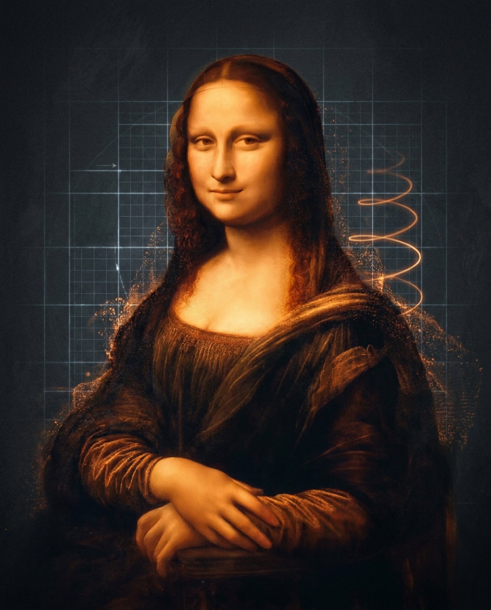 Retrato de LISA — la Mona Lisa reinterpretada en sfumato ámbar con la Espiral