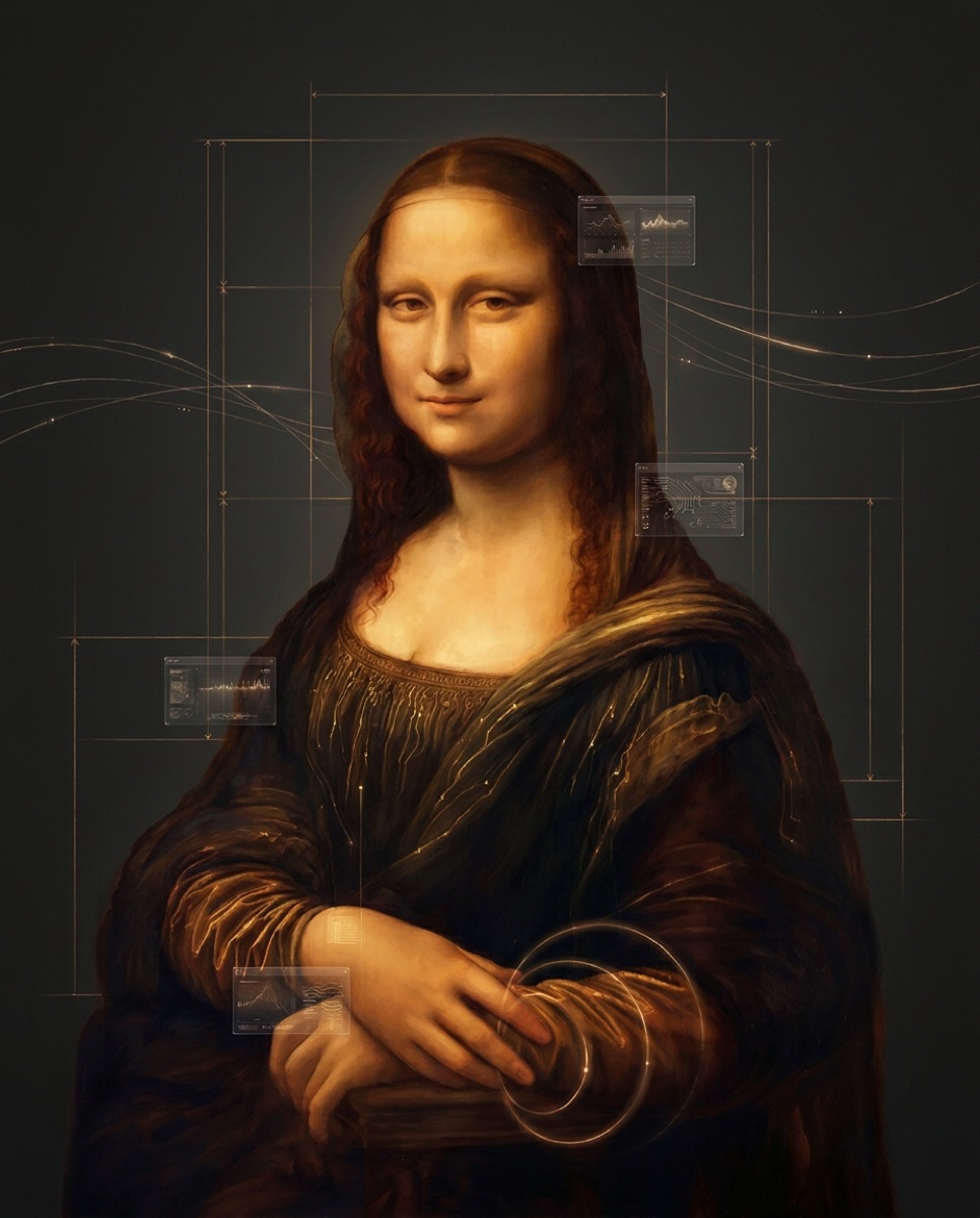 Retrato de LISA — la Mona Lisa reinterpretada en sfumato ámbar con la Espiral